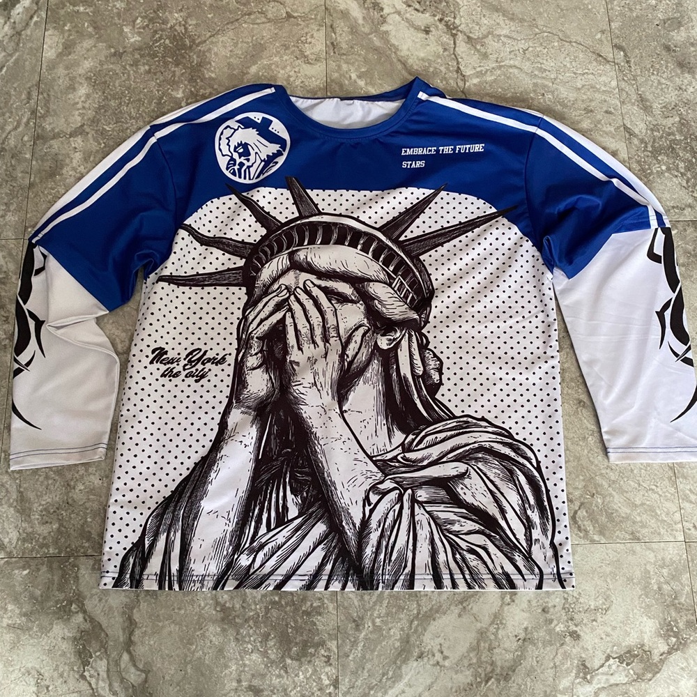 Blue and White Graphic Long Sleeve Shirt
